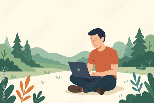 Remote work outdoors, freelancer working on laptop in nature, man sitting cross-legged in forest, digital nomad lifestyle, peaceful wilderness workspace, technology in natural landscape