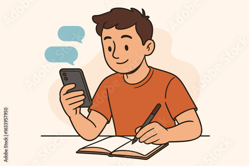 Young man multitasking with smartphone and notebook at desk, studying and texting messages, online communication, education and productivity concept, cartoon vector illustration, casual lifestyle