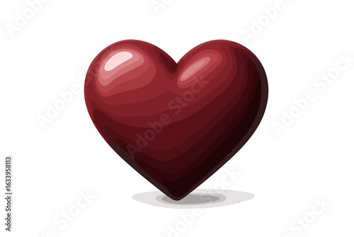 3D dark red heart symbol vector. Realistic love, Valentine, romance icon illustration. Shiny glossy passion shape. Isolated transparent background. Romantic emblem, graphic resource for cards, posters