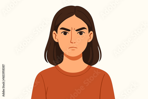 Woman vector portrait illustration with brown hair, neutral expression, casual orange shirt. Female character upper body, minimalist cartoon style. People avatar, diversity concept, flat design vector