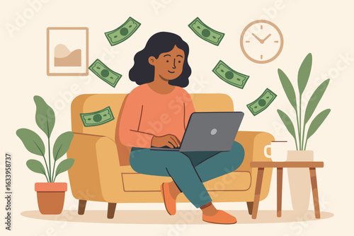 Remote work from home on laptop, earning money online, freelance telecommuting, financial success concept, businesswoman in cozy living room, passive income digital nomad, vector illustration
