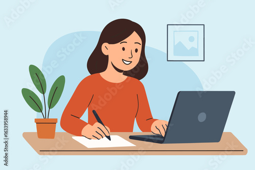 Remote work woman illustration. Female freelancer writing notes, using laptop at home office desk, productivity, workspace, indoor plant, casual style, flat vector, business and education concept.