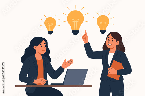 Two businesswomen brainstorming innovative ideas with glowing light bulbs, creative teamwork and entrepreneurship concept, flat vector illustration on white background, modern office collaboration