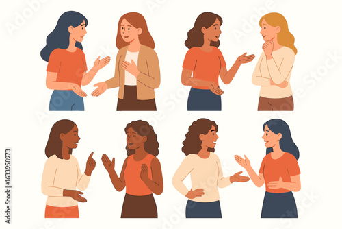 Group female characters talking, discussion, communication, storytelling, teamwork, problem solving, standing women, conversation set, people interacting, diversity, social bonding, friendship