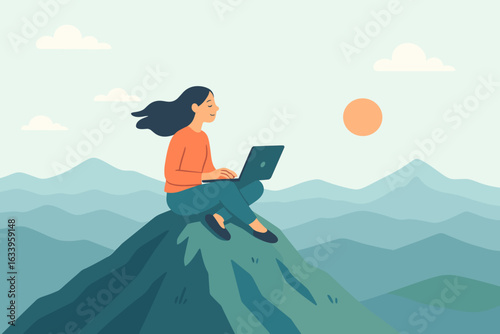 Work freedom concept with woman working remotely on laptop alone on mountain top in peaceful quiet nature, remote job lifestyle, digital nomad, independence, solitude, outdoor office