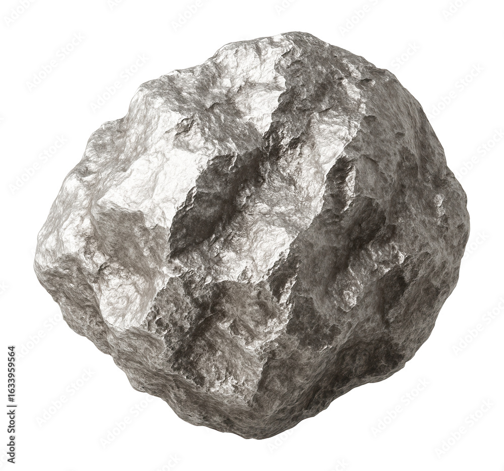 Fototapeta premium Rough metallic asteroid with irregular surface and natural texture on transparent background.