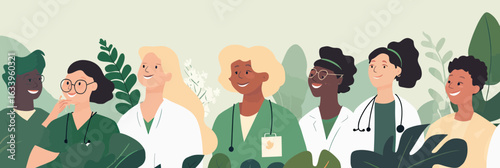 Diverse smiling male and female medical professionals standing together in green and white uniforms with stethoscopes and plants background flat vector illustration