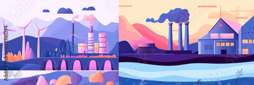 Renewable wind turbines solar panels coal power plant industry factory landscape evening pollution environment energy transition concept flat vector illustration
