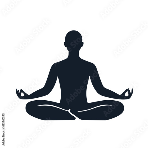 Silhouette of person in lotus yoga meditation pose with crossed legs and hands in mudra gesture for relaxation and mindfulness practice vector icon