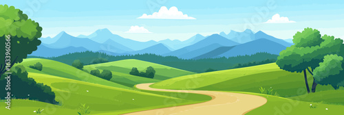 Rolling green hills valley with winding dirt road and scattered trees under clear blue sky and distant mountain range in flat minimalist vector style