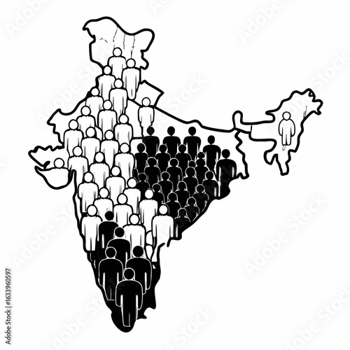 India map formed by black and white people silhouettes