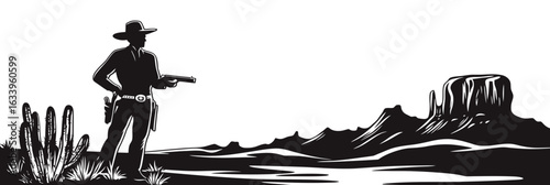 Silhouette cowboy with revolver standing in desert landscape with cactus and mesa flat minimalist black and white vector outline engraving style illustration
