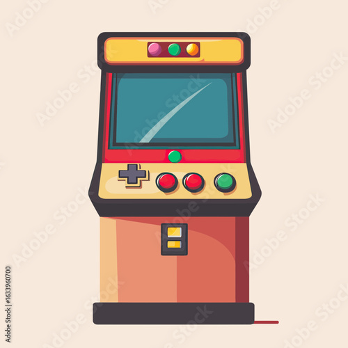 Retro arcade game machine with joystick and colorful buttons in flat minimalist vector style with screen and coin slot for gaming entertainment