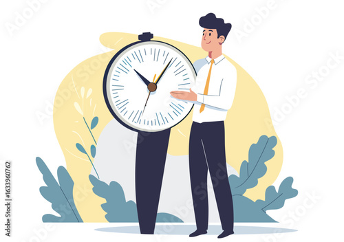 Businessman holding large clock representing punctuality time management deadline meeting reminder and schedule organization concept flat vector illustration