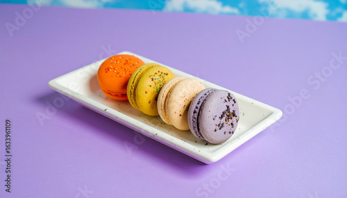 Colorful Macarons Delight: A delightful array of vibrant macarons rests gracefully on a sleek rectangular plate, offering a tempting visual feast and invoking feelings of simple pleasures, treats.