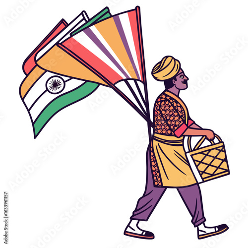 Indian man walking with flags and basket male person