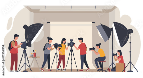 Photography workshop with people cameras and lighting equipment