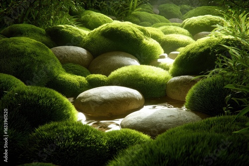 Moss-covered stones, sunlit stream, lush forest