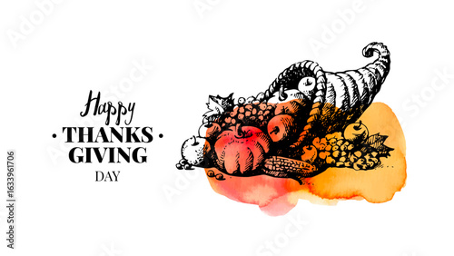Thanksgiving vintage hand drawn watercolor banner with cornucopia and harvest elements. Traditional holiday greeting design. Retro sketch vector illustration.