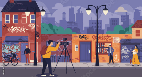 Filmmaker Capturing Urban Street Scene at Night