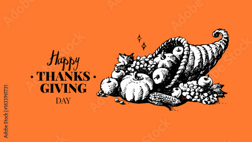 Thanksgiving vintage hand drawn banner with cornucopia and harvest elements. Traditional holiday greeting design. Retro sketch vector illustration.