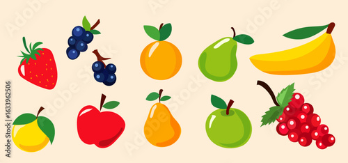 A vibrant collection of various fruits and berries is displayed, featuring strawberries, bananas, grapes, and more, all designed as a fun and colorful vector illustration