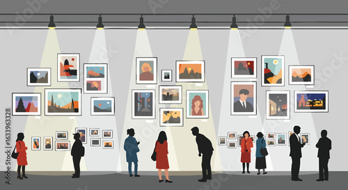 Art Gallery Exhibition Visitors Viewing Paintings on Display