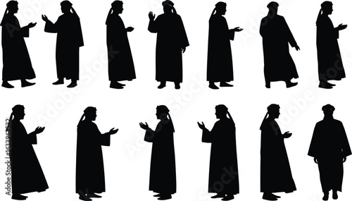 Silhouette of Arab men in traditional dress greeting, talking, and gesturing, multiple poses, cultural interaction, social communication vector