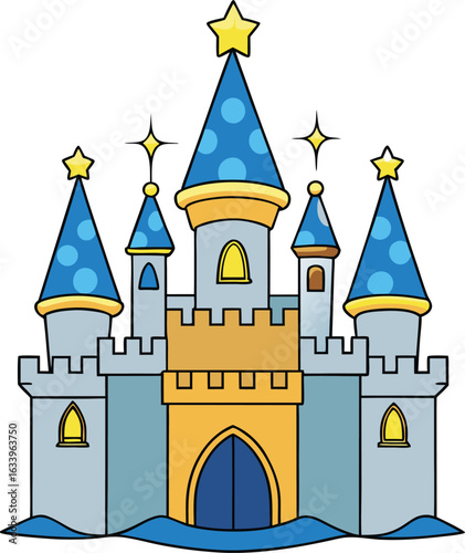 Old fantasy-inspired vector illustration of a medieval princess's fortress or chateau with a towering flag