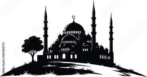 Silhouette of Islamic mosque on hill with minarets and tree, Muslim architecture, religious landmark, peaceful scenery, white background