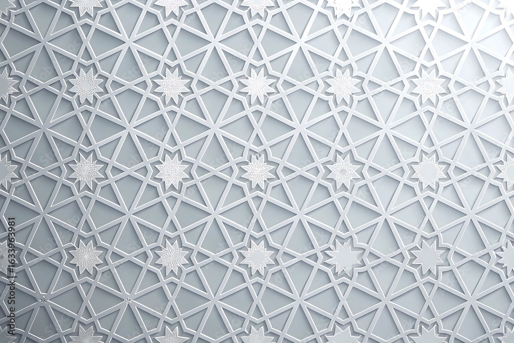 Fototapeta premium Intricate white geometric islamic pattern with star motifs and subtle lighting