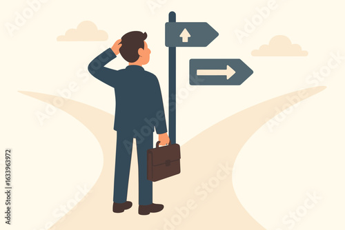 Decision making dilemma concept. Businessman choosing between career and personal life. Standing at a crossroads with signpost, options arrows, uncertainty. Corporate work life balance metaphor.