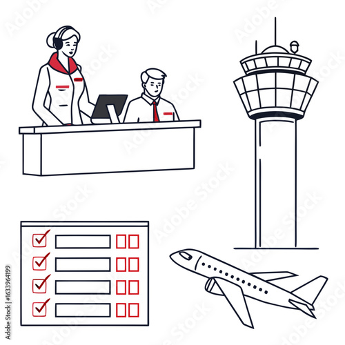 Airport and flight journey icon set – check-in desk, flight schedule, air ticket, control tower, seatbelt – clean line icons, minimal white background vector pack