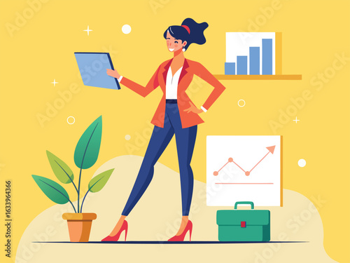 Trendy Female Entrepreneur in Heels and Bright Blazer Holding Clicker