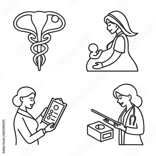 Pregnancy and gynecology icon set – baby scan, uterus, ovary, prenatal checkup, mother and baby – minimal thin line icons on white background, editable stroke style