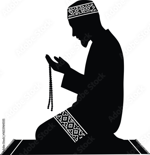 Silhouette of Muslim man praying with tasbih beads on prayer mat, Islamic devotion, peaceful worship, faith, spirituality, religion, Ramadan