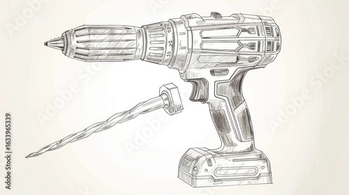Hand-drawn sketch of a cordless drill and bit.  Detailed illustration of a power drill with a drill bit.  Sketchy line art, showing the drill's components