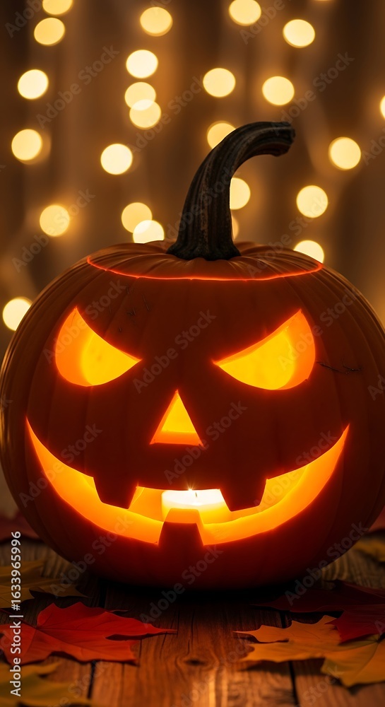 Fototapeta premium Photo of a spooky jackolantern with a carved face glows warmly from within, set against a bokeh background