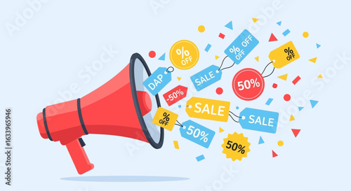Red megaphone announces big sale with many colorful discount tags and confetti, ideal for marketing and advertising campaigns.