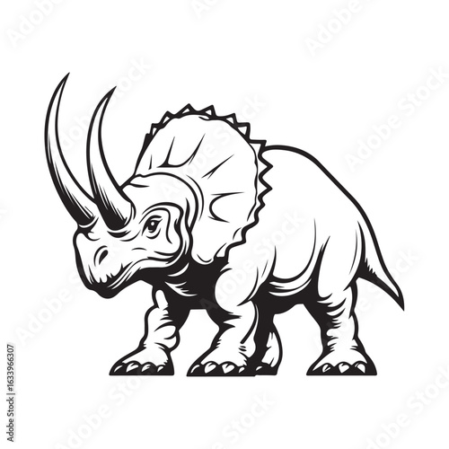 Vector illustration of Triceratops, a three-horned dinosaur with a large body and distinctive head, drawn with realistic details and a dynamic style.
