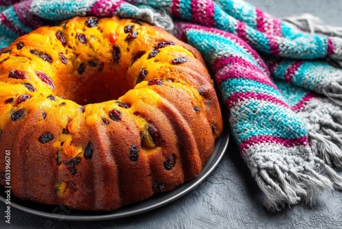 A delicious fruit cake studded with vibrant dried fruits, displayed on a plate next to a colorful, textured knit blanket