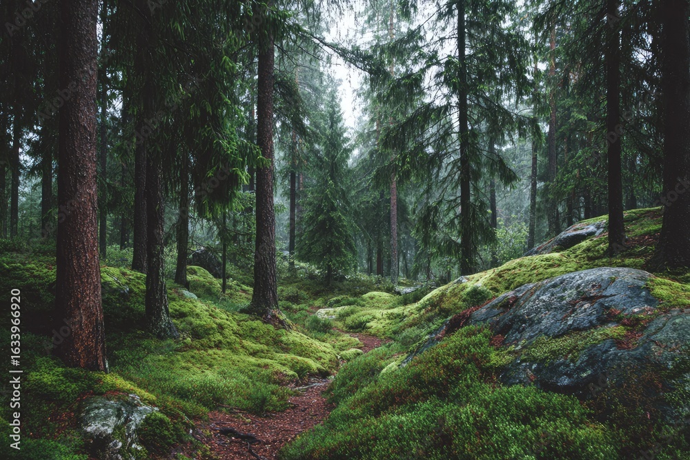 Misty forest path, moss-covered rocks Misty forest path, moss-covered rocks