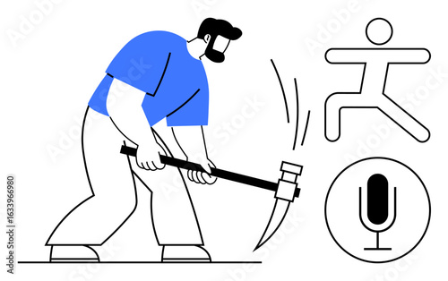 Man wielding pickaxe, action figure running icon, and microphone symbol suggest hard work, fitness, audio functionality. Ideal for labor, sports, productivity, tech creativity innovation simple