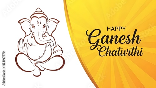 Illustration of ganesh chaturthi with ganesh outline and happy ganesh chaturthi text on yellow background