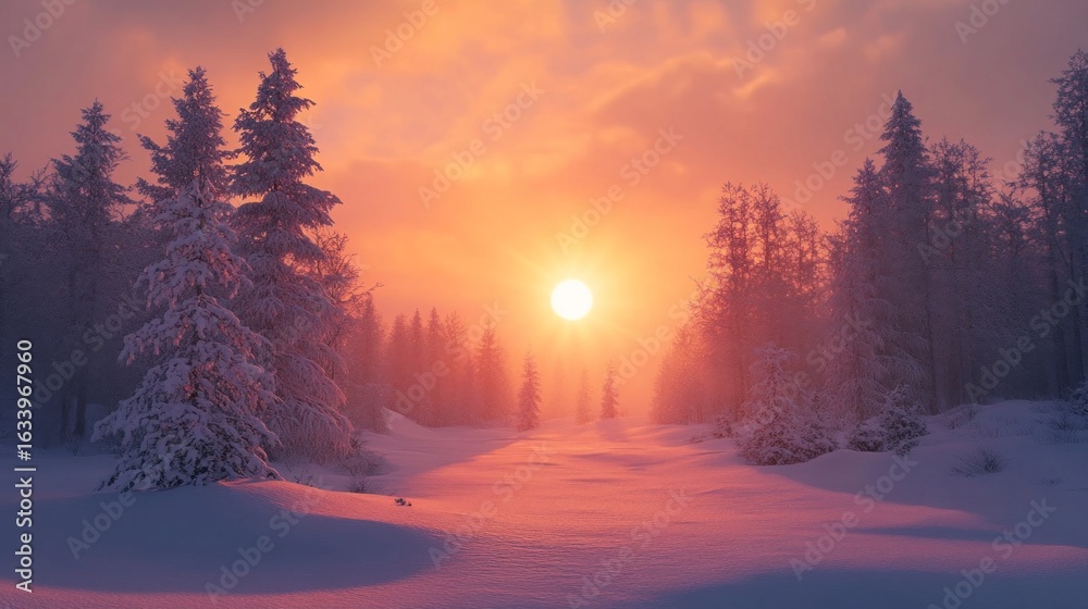 Naklejka premium Sunset in a forest with trees covered with snow, background and texture, useful for winter and nature themes.