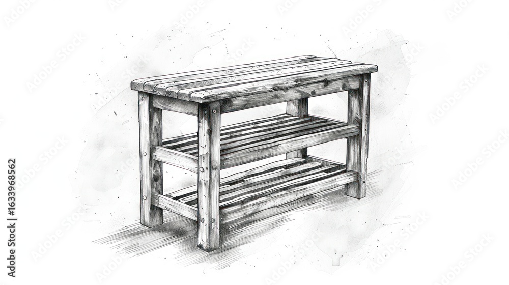 Fototapeta premium A grayscale sketch of a rustic wooden bench with two shelves