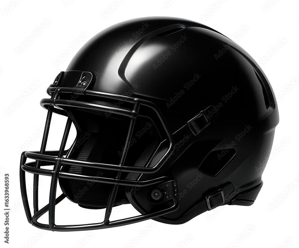 Fototapeta premium Matte black football helmet featuring a sturdy facemask and protective padding on transparent background.