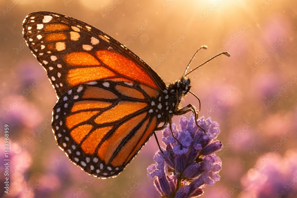Fototapeta premium Monarch butterfly rests gracefully on purple lavender in golden sunlight meadow
