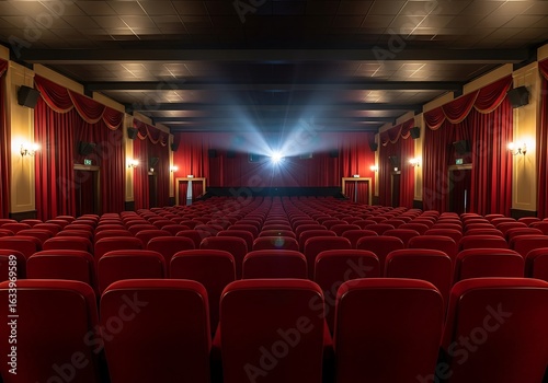 Empty red velvet seats await moviegoers in classic cinema