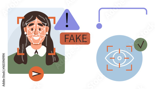 Woman s face scanned with facial recognition system, fake alert displayed, warning icons, valid eye scan highlighted. Ideal for technology, fraud detection, cybersecurity, identity validation, AI
